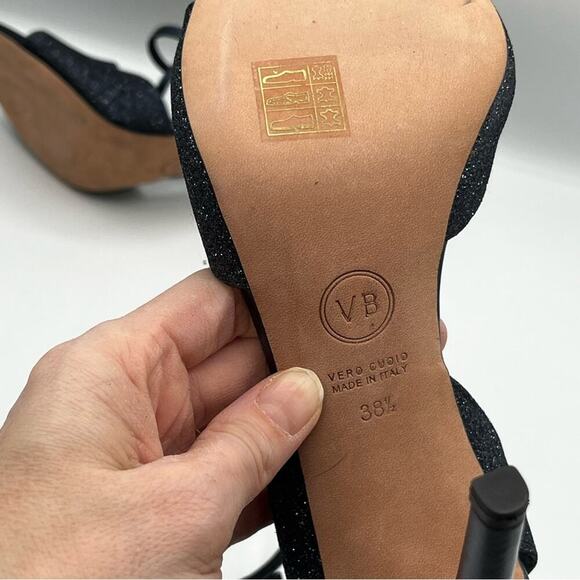 Veronica Beard Suma Glitter Peep Toe Strappy Heel Navy Blue 38.5 / 8.5 - Picture 6 of 7